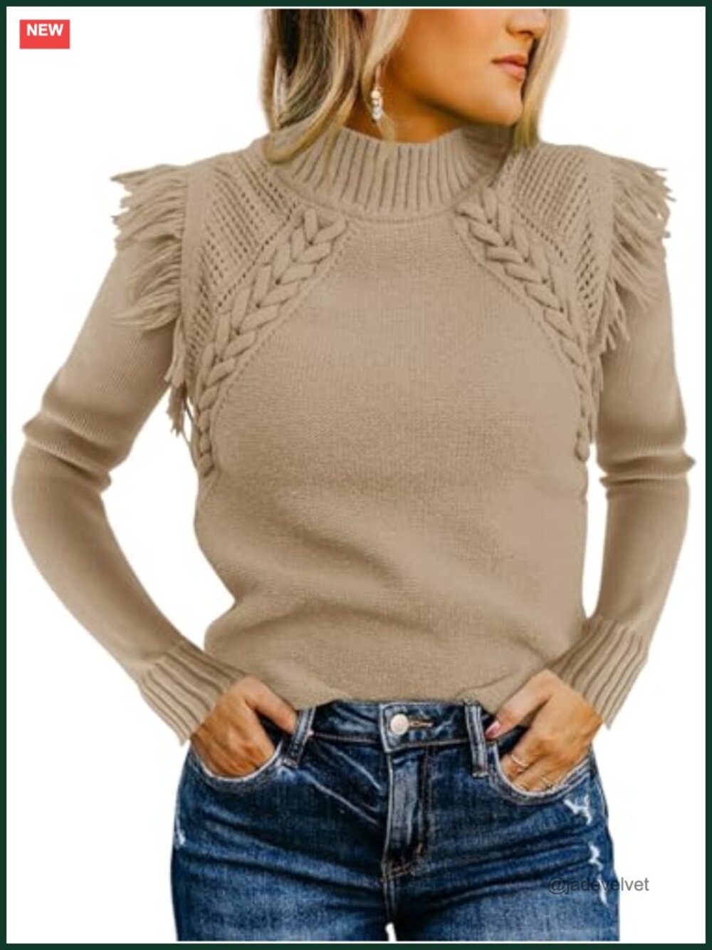 Cable Knit Mock Neck Fringe Long Sleeve Fitted Boho Pullover Sweater